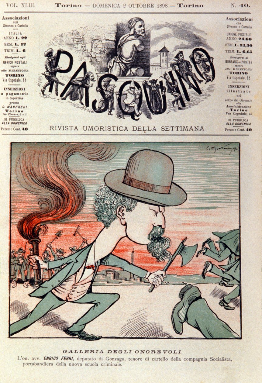 Kreslený portrét Enrica Ferriho (1856-1929) italského kriminalisty a politického aktivisty v Italské socialistické straně. Kreslený film v „Paquinu“ 2. října od Italian School
