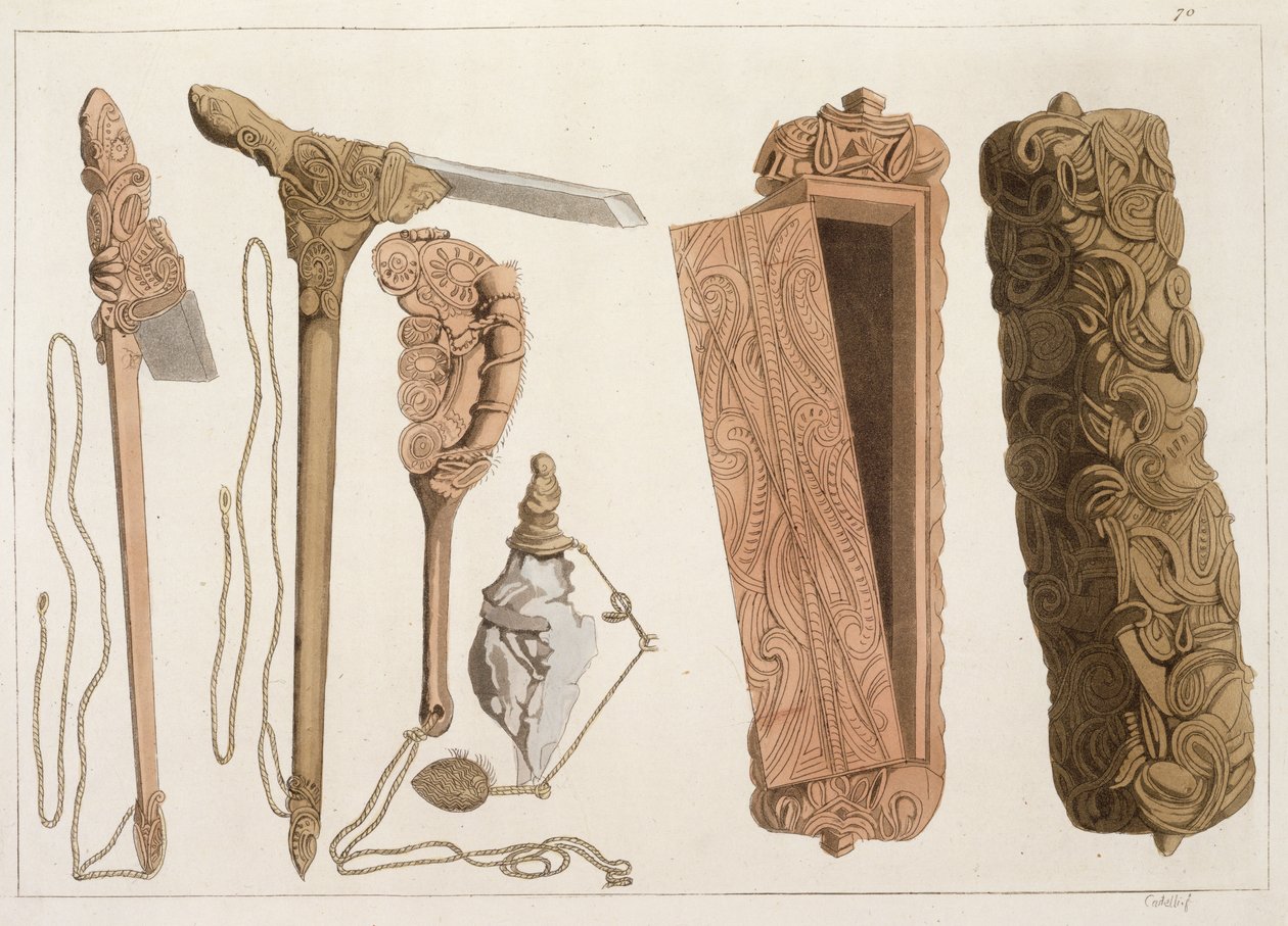 Vyřezávané a zdobené domorodé nástroje, ilustrace ze sbírky cestopisů z počátku 19. století od Italian School