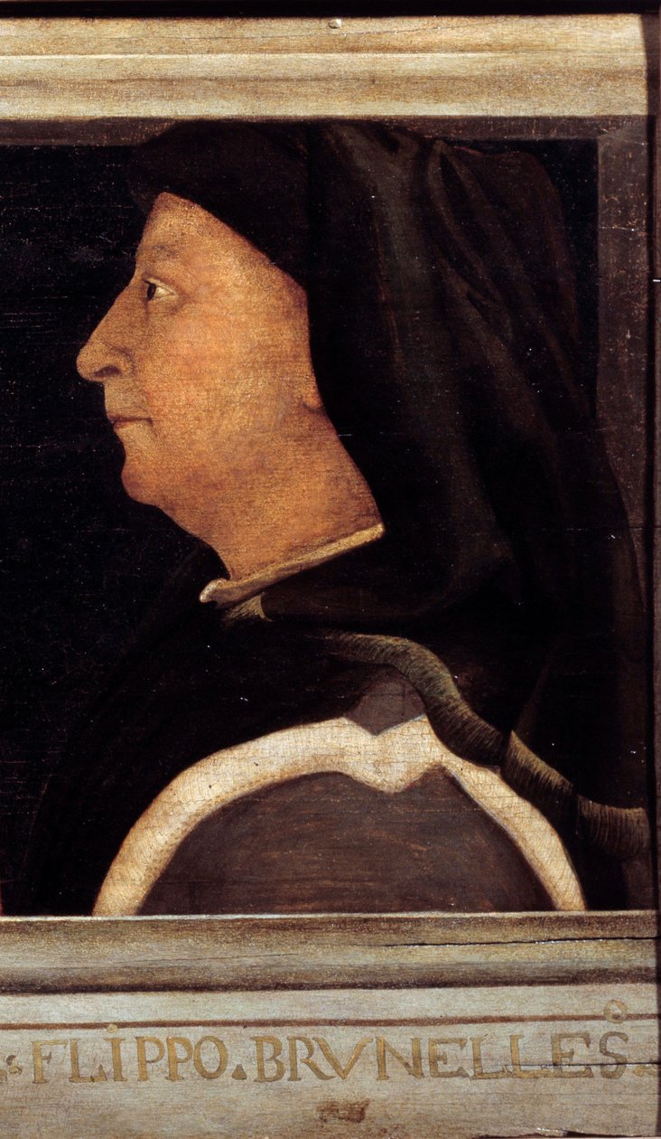Cassone s 5 portréty mistra florentské renesance detail s portrétem Brunelleschi Filippo (1377-1446). Italská škola 16. století. Níže uvedený nápis je pravděpodobně následný. Musee du Louvre, Paříž. od Italian School