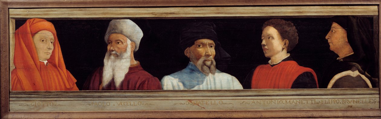 Cassone s 5 portréty Mistra florentské renesance (zleva doprava Giotto di Bondone, Paolo Uccello, Niccolo Donatello, Antonio Manetti, Filippo Brunelleschi). Italská škola 16. století. Níže uvedený nápis je pravděpodobně succ od Italian School