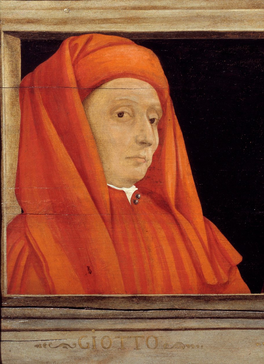 Cassone s 5 portréty Mistra florentské renesance, detail s portrétem Bondone Ambrogio dit Giotto di Bondone (asi 1267-1337), Italská škola 16. století, olej na dřevě. Níže uvedený nápis je pravděpodobně následný. Muzeum d od Italian School
