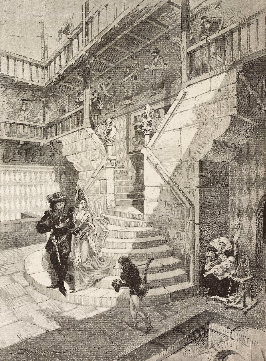 Hradní nádvoří, středověká vesnice v Turíně, Itálie, rytina Bonamore z L