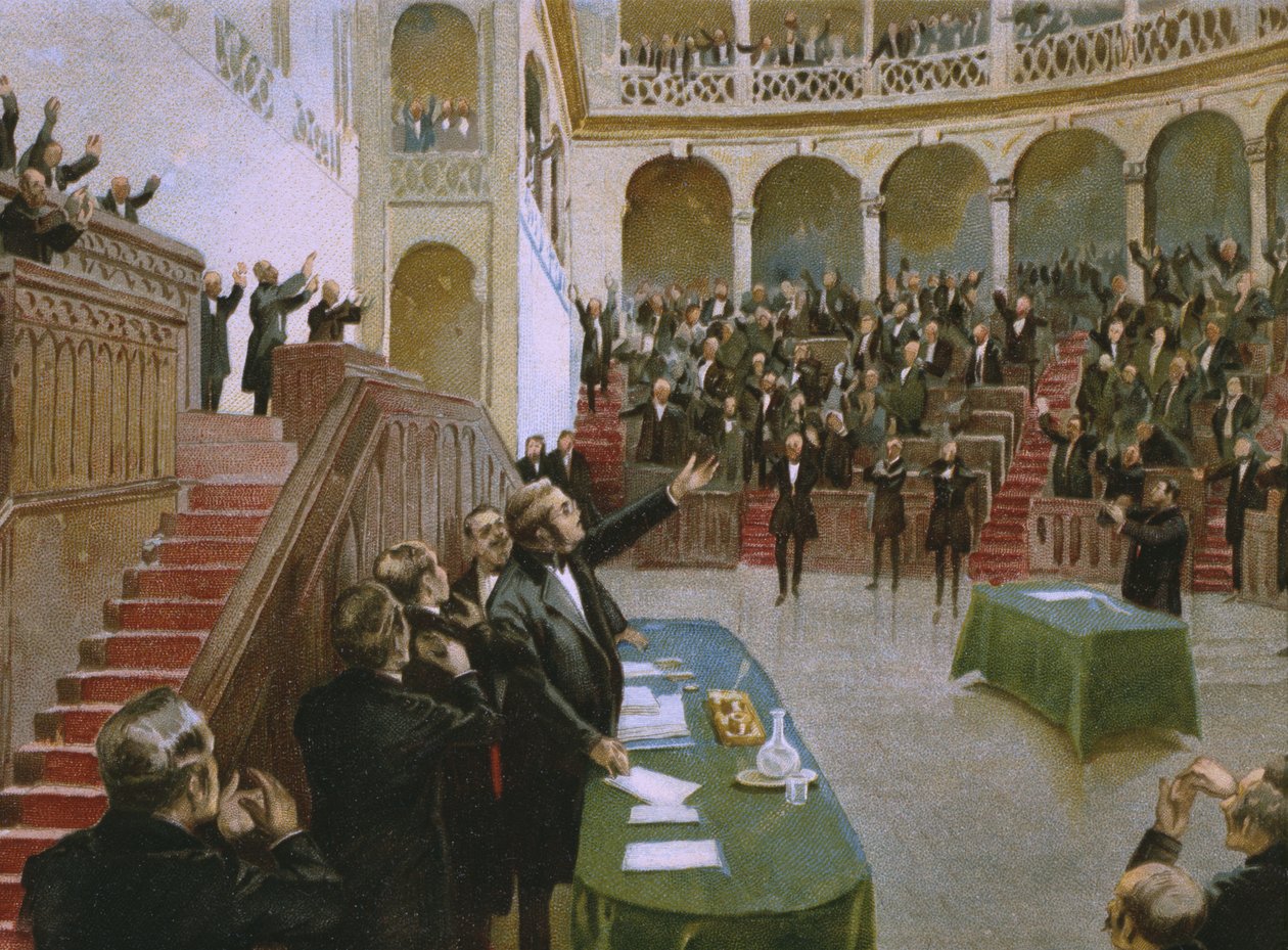 Cavour přiměl 18. února 1861 tleskat prvnímu italskému národnímu parlamentu králi Viktoru Emanuelovi II. (1820-78), ilustrace z alba o historii Risorgimenta vyrobeného pro čokoládu od Italian School