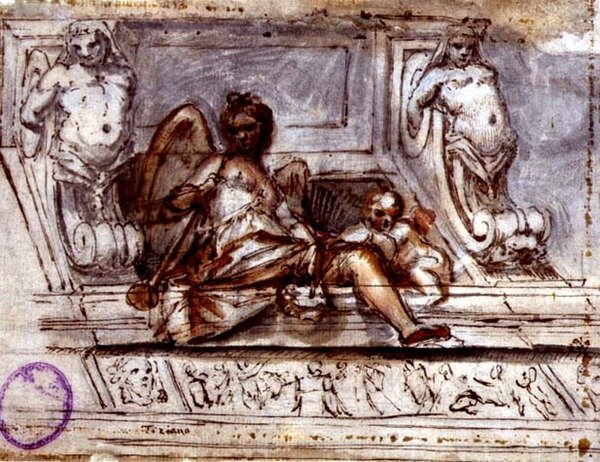 Stropní design s múzou hudby, cca 1700 (pero a inkoust s akvarelem na papíře) od Italian School