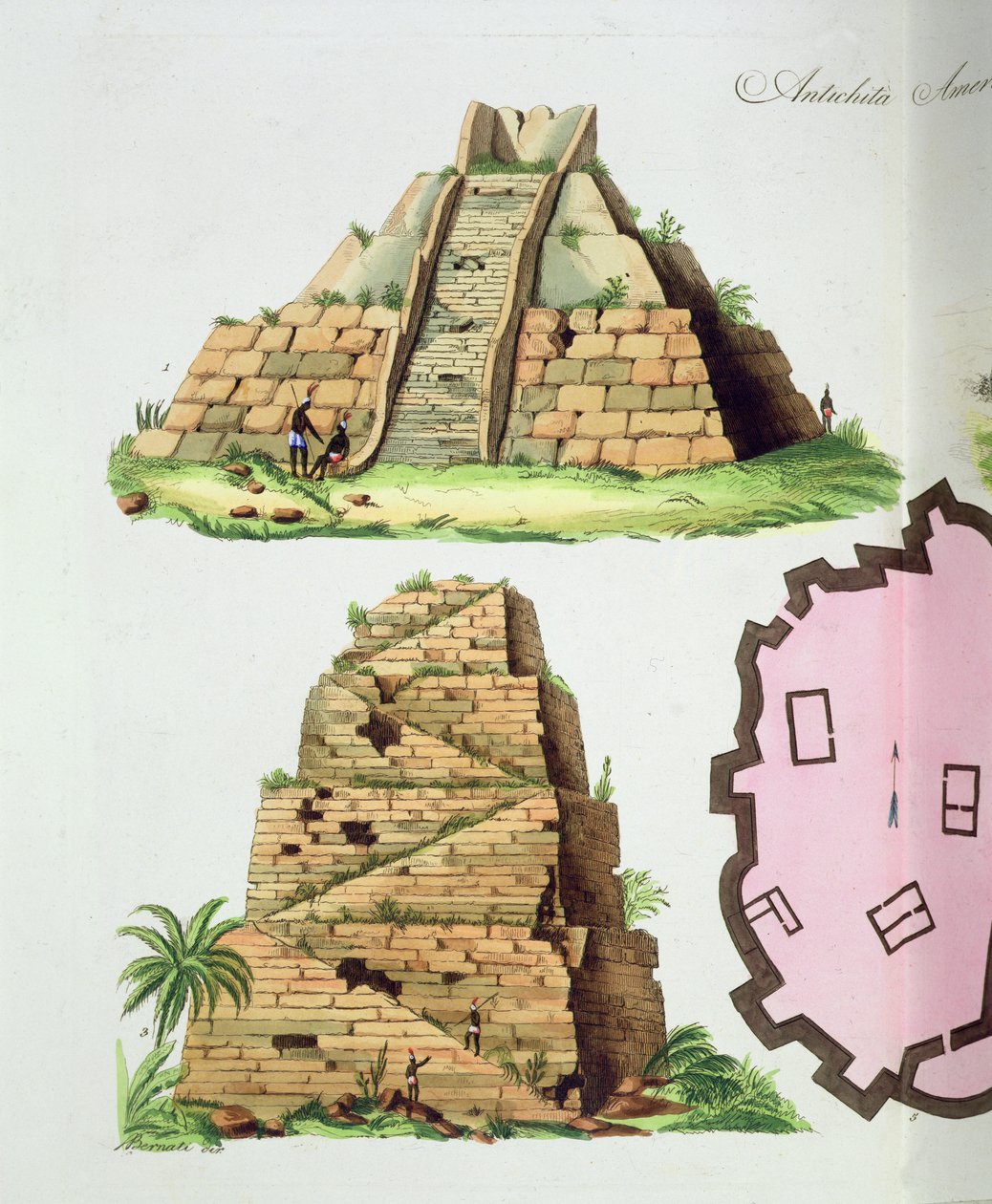 Středoamerické starožitnosti, detail dvoustupňových pyramid, deska 47 z „Dějiny národů“ (akvatinta) (detail 94494) od Italian School