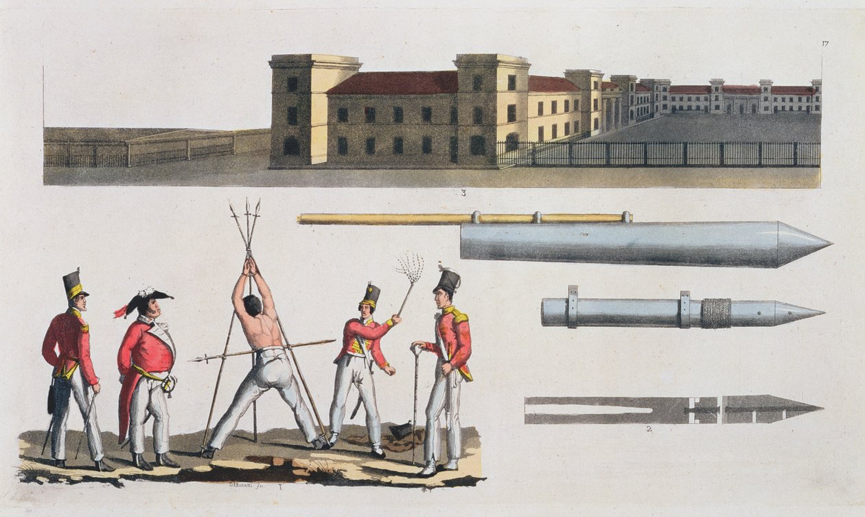 Chatham Barracks, vojenský trest zvaný Triangle and Congreve Rockets, deska 17 z The History of the Nations (akvatinta) od Italian School
