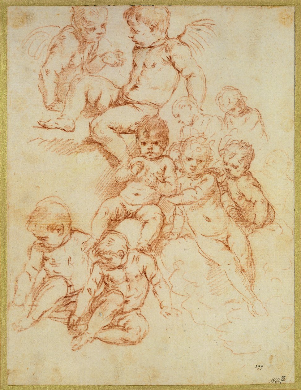 Cherubové, počátek 17. století (červená křída na papíře) od Italian School