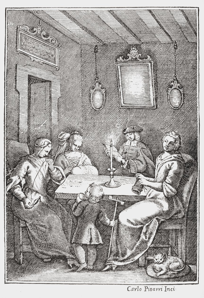Chiaqlira čte pohádky na šicí párty, přední strana obálky Pentamerone of Giambattista Basile, 1742 od Italian School