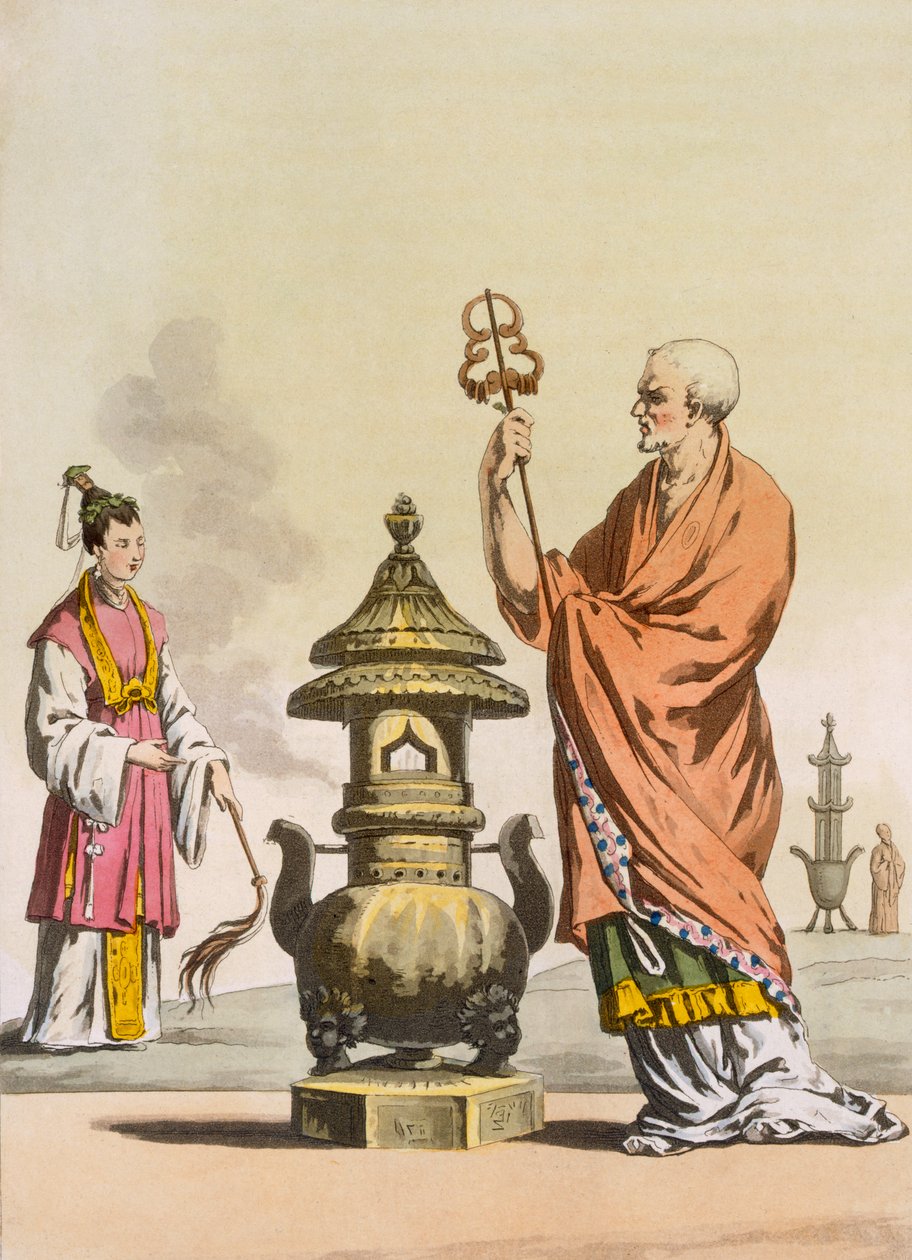 Čínské taoistické náboženské zvyky: Bonzo v obřadním rouchu, vyryté Fumagallim a Bramattim, kolem 1820-30 (barevná rytina) od Italian School