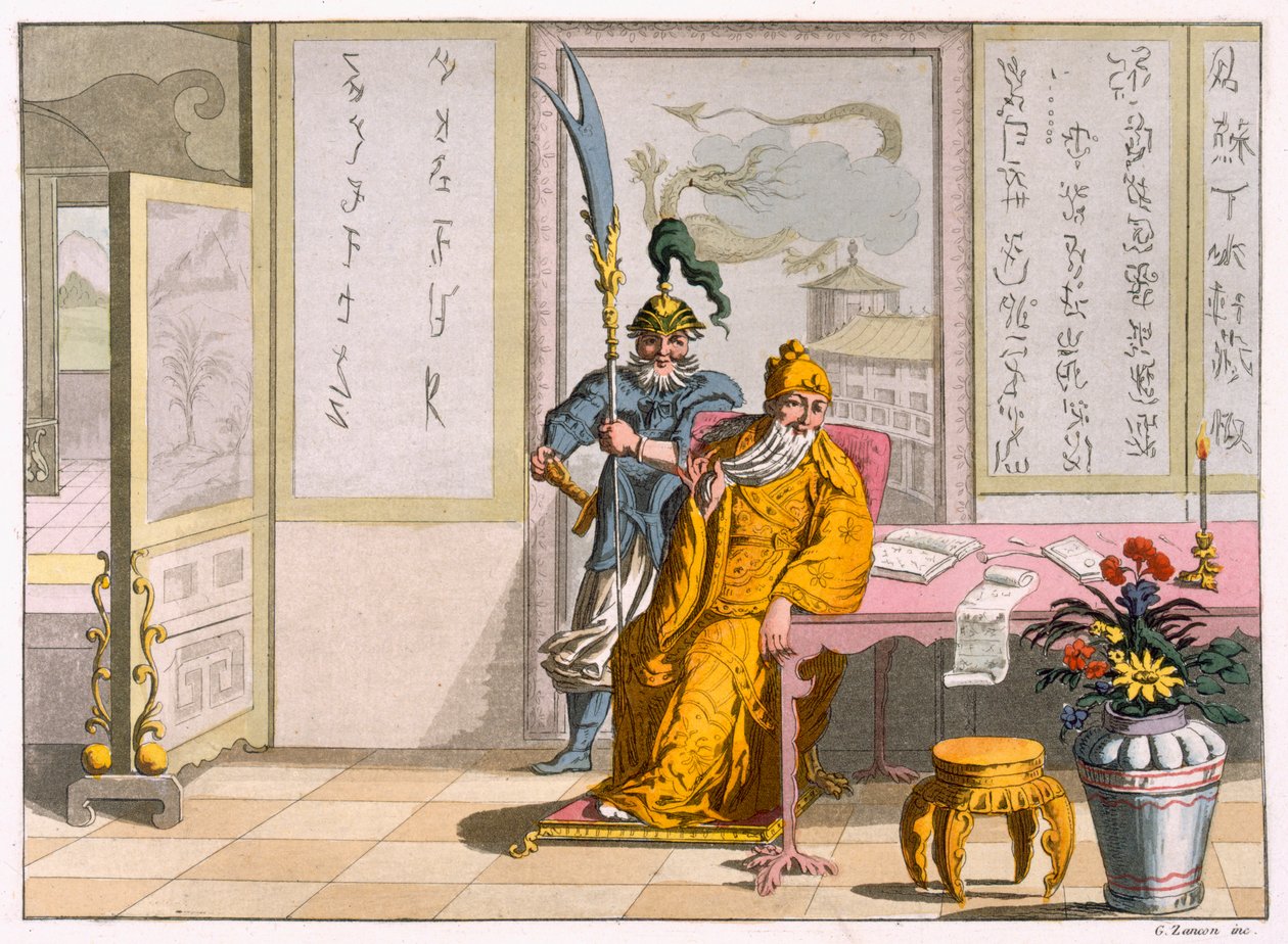 Čínští taoističtí náboženští vůdci: Božství Kuan-ti, vyryté Fumagallim a Bramattim, kolem 1820-30 (barevná rytina) od Italian School