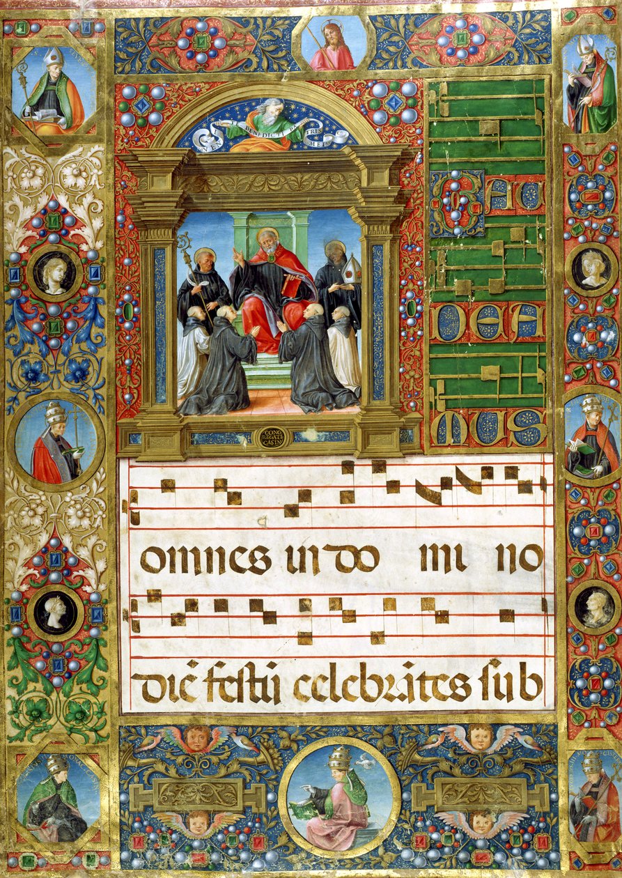 Sborová miniatura s kázáním sv. Benedikta mnichům (pigment na pergamenu) od Italian School