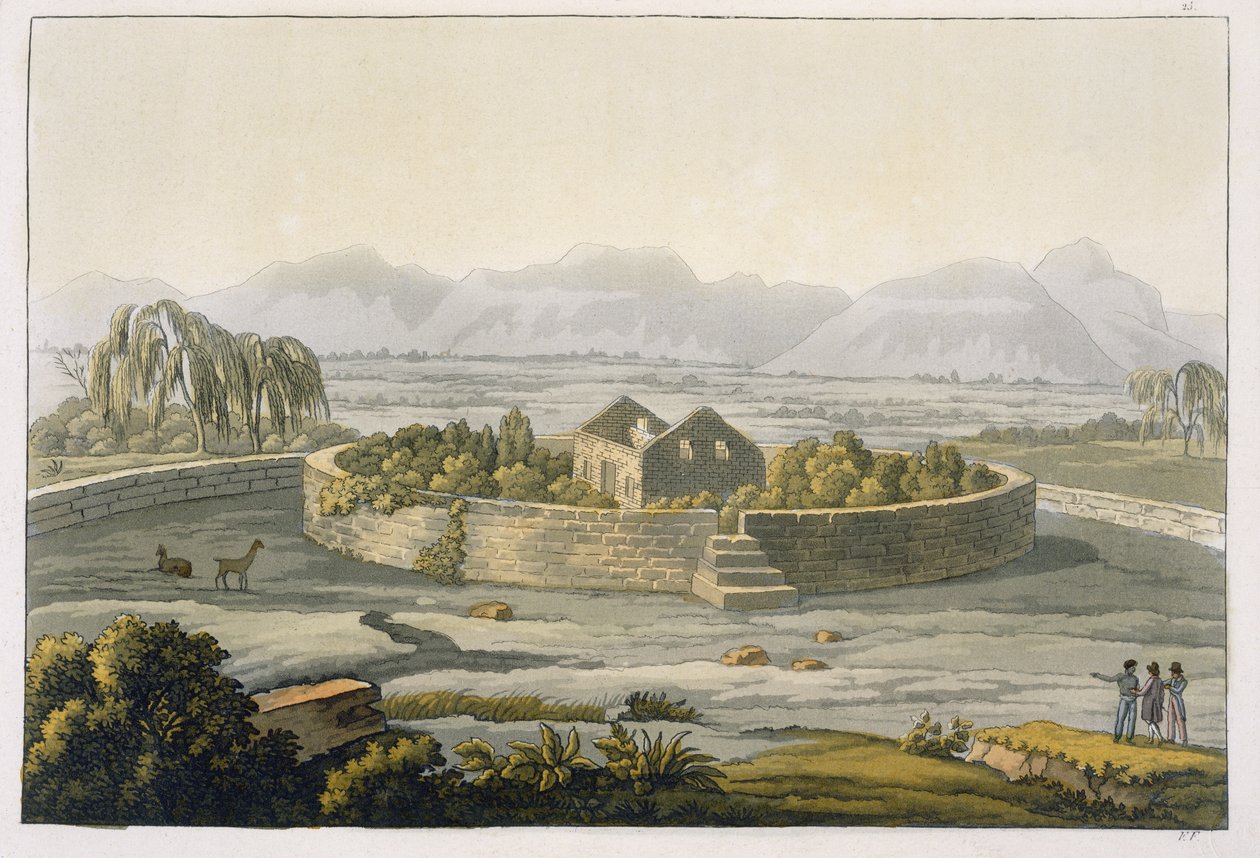 Kruhová pevnost Cannar, Peru, z Le Costume Ancien et Moderne, svazek II, deska 1, od Julese Ferraria, vydáno kolem 20.–30. let 18. století od Italian School