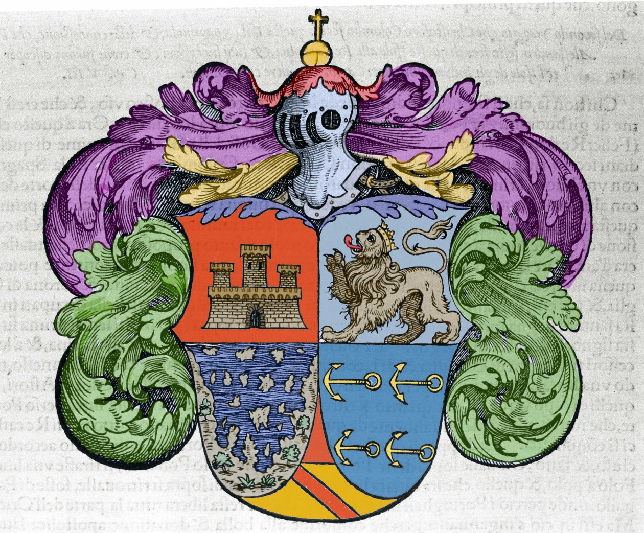 Erb mořeplavce Kryštofa Kolumba (1451-1506): čtyři části ECU představují nahoře město Kastilie a León, pod odkrytými ostrovy a symbolem kotvy admirauta. Rytina z knihy “” Navigationi and Viaggi”” od Italian School