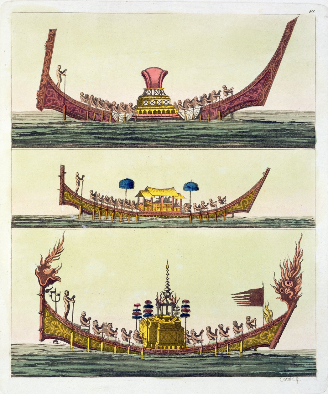 Čínské lodě Cochin, ilustrace z Le Costume Ancien et Moderne od Giulia Ferraria, vydáno kolem 20.–30. od Italian School