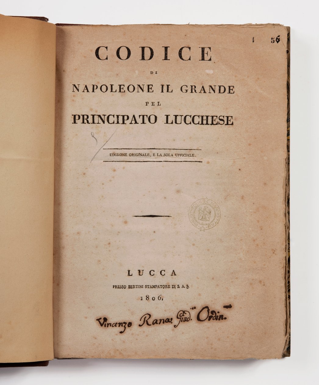 Zákoník Napoleona Velikého pro knížectví Lucca, první oficiální vydání, Lucca, Presso Bertini, 1806, a kód venkova pro knížectví Lucca a Piombino, Lucca, Fr. Bertini, 1807 od Italian School