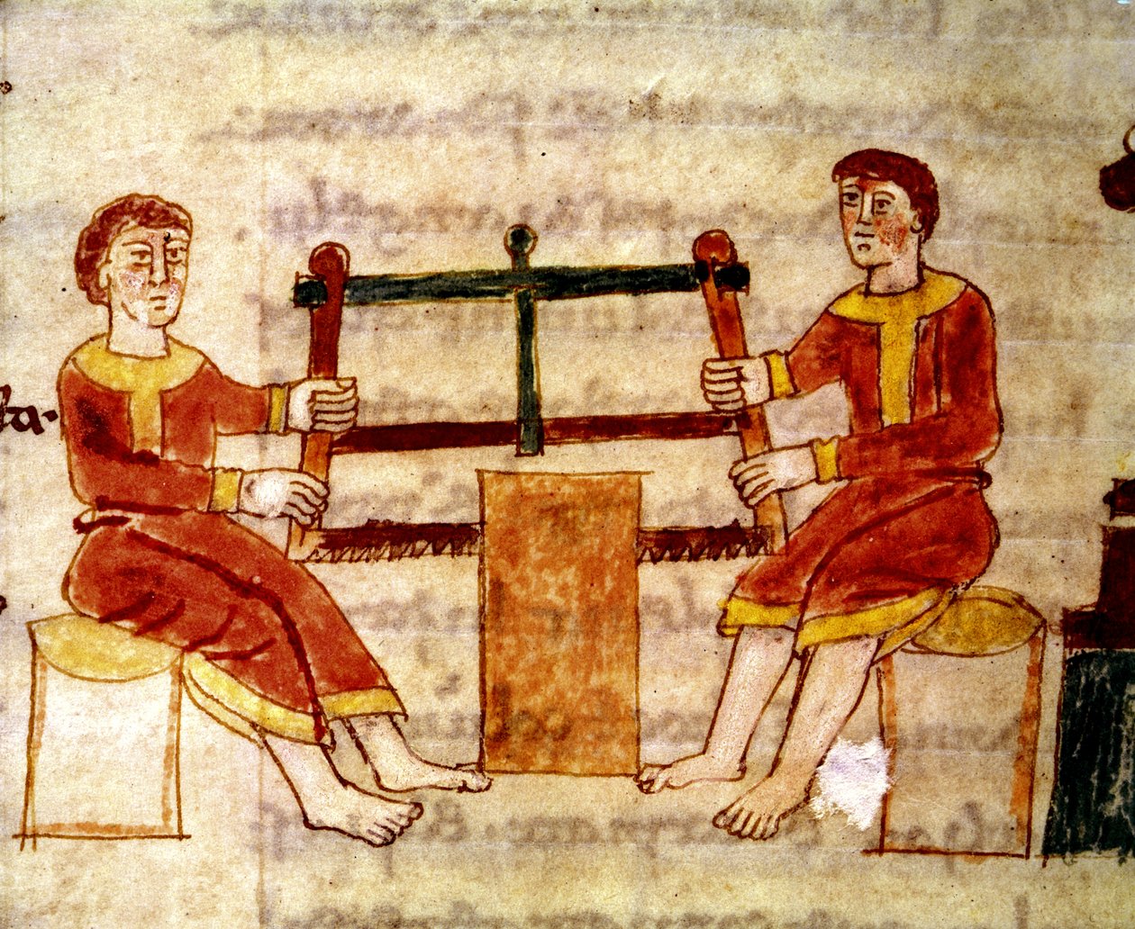 Codex 132 Livre 14 Kap. 25 Dva muži řezání dřeva, z De Universo od Rabanuse Mauruse (c.780-856) 1023 od Italian School