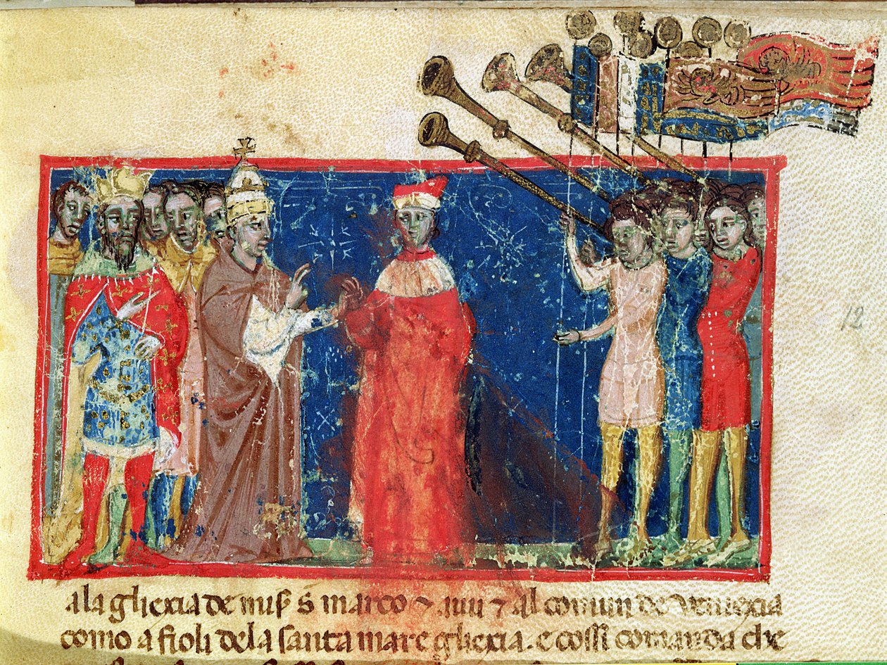 Codex Correr I 383 Dóže Sebastiani Ziani přijímá petici od papeže Alexandra III (1159-81) a císaře Fridricha Barbarossy (asi 1123-90). od Italian School