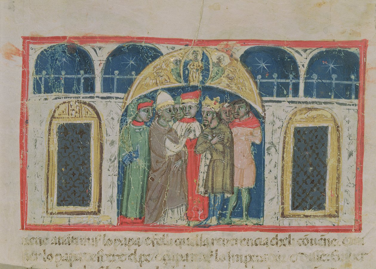 Codex Correr I 383 Mír mezi papežem Alexandrem III. (1159-81) a císařem Fridrichem Barbarossou (asi 1123-1190) na náměstí svatého Marka (pergamen) od Italian School
