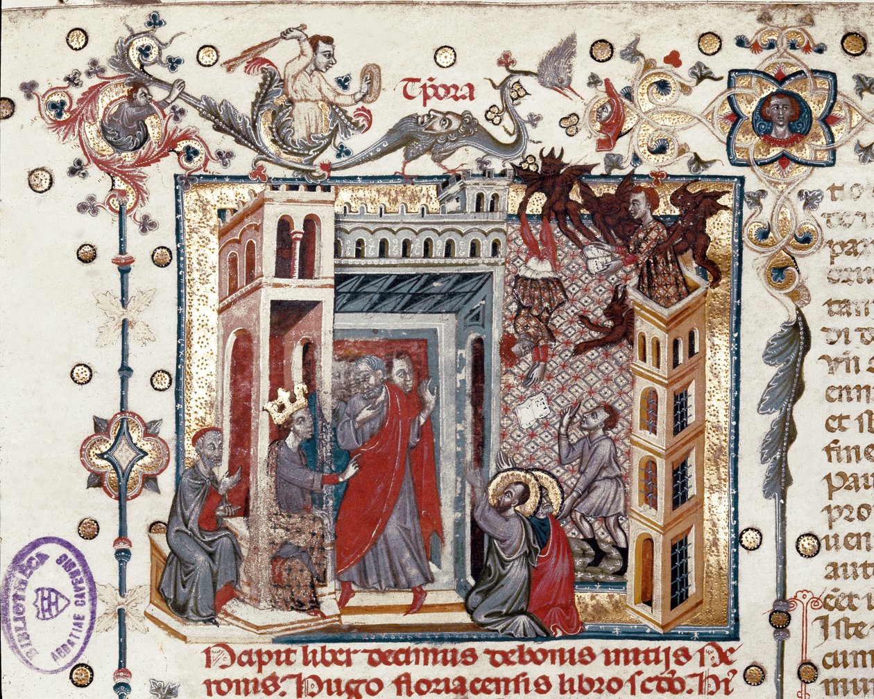 Codices Cavenses, Cod.25 f.181, Simon Magus, císař Nero a apoštolové, miniatura ze Speculum Historiale, část I, od Vincenta de Beauvais, kolem 1320 (tempera na pergamenu) od Italian School