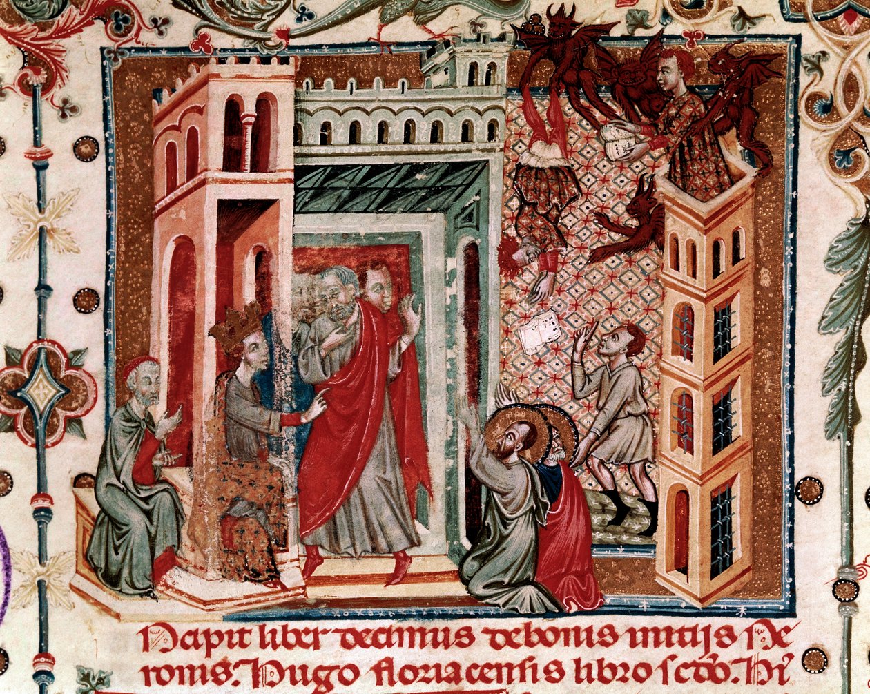 Codices Cavenses, Cod.25 f.181, Simon Magus, císař Nero a apoštolové, miniatura ze Speculum Historiale, část I, od Vincenta de Beauvais, kolem 1320 (tempera na pergamenu) od Italian School