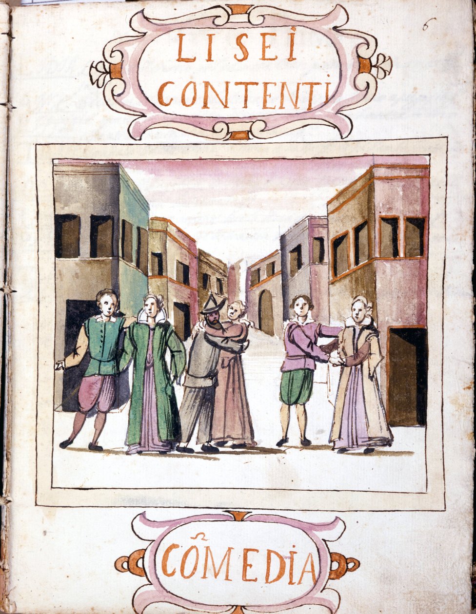 Komedie Li sei contenti podle rukopisného svazku „Scénáře nejvybranějších histrionů“ (1621 - 1643). Řím, Accademia dei Lincei. od Italian School