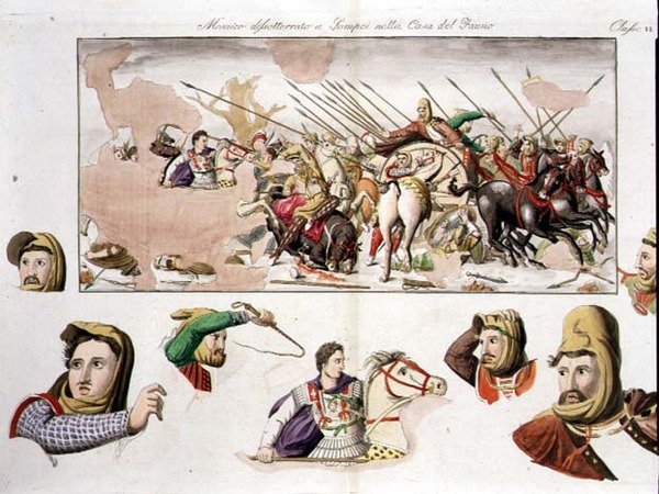Kopie Alexandrovy mozaiky z Faunova domu v Pompejích, deska 10, třída 6 z části I „Dějiny národů“ (akvatinta) od Italian School