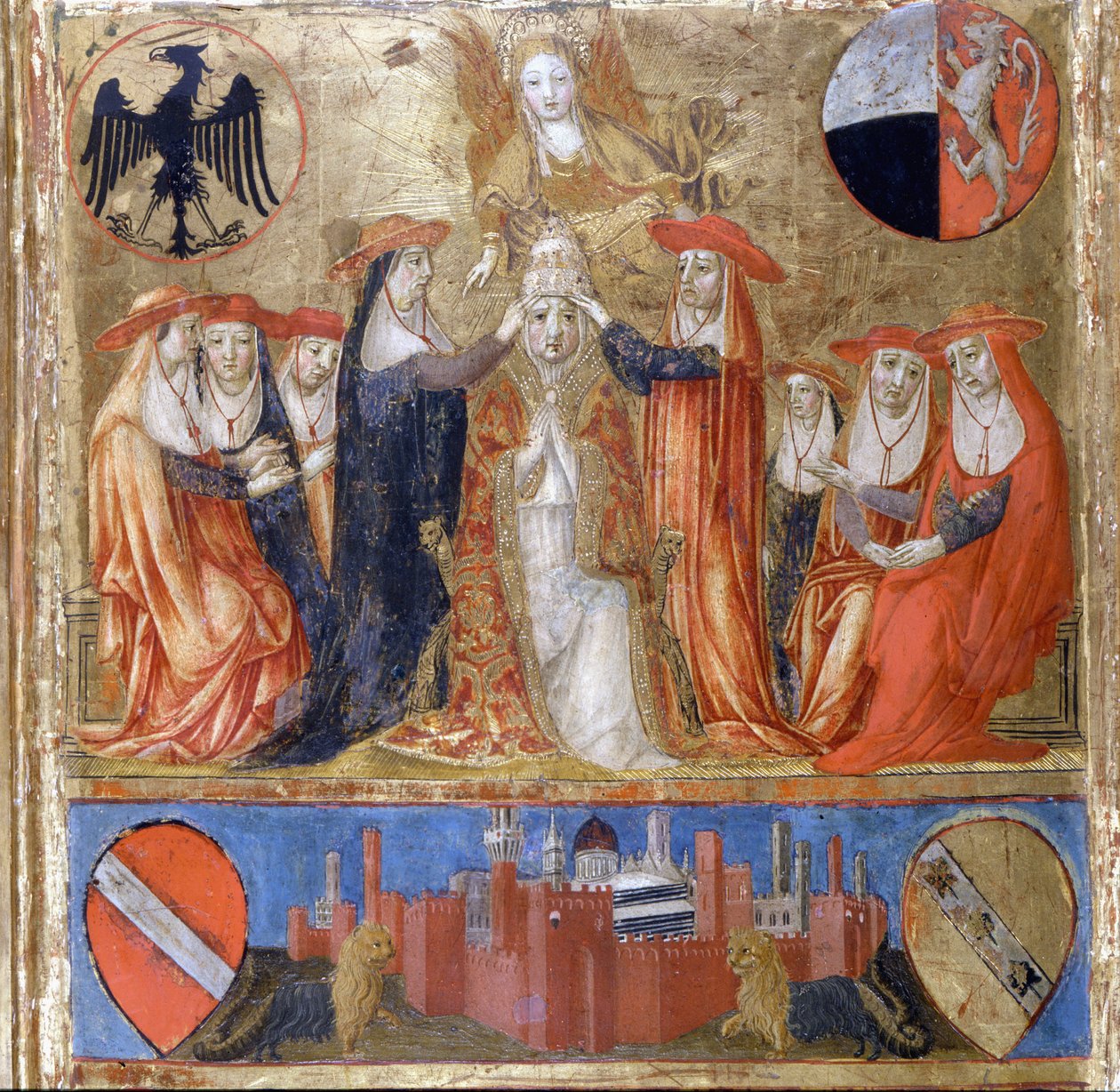 Korunovace Pia II. (Enea Silvio Piccolomini) (1405 až 1464). italský papež (1458 - 1464). Dole je opevněné město Siena. Bicherna (obálka účetního rejstříku města Siena) z roku 1460. Národní archiv - Museo delle Tavolette de B od Italian School