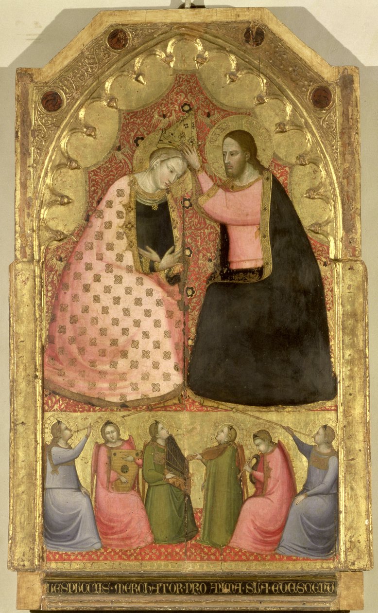 Korunovace Panny Marie, oltářní obraz s predelovou deskou zobrazující anděly hrající na hudební nástroje, Florentine (panel) od Italian School