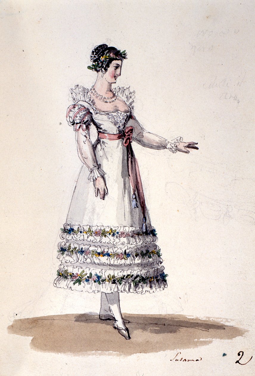 Kostýmní návrh pro Susannu z Figarovy svatby od Wolfganga Amadea Mozarta, kolem roku 1880 (barevné lito) od Italian School