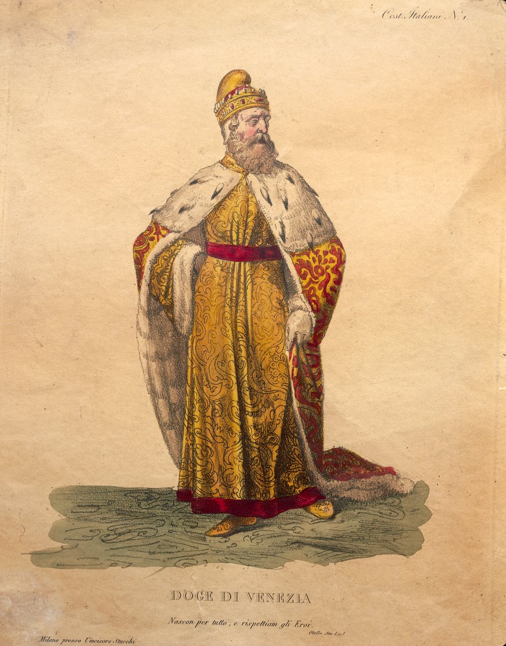 Kostýmní návrh pro benátského dóžete z „Othella“ od Gioachina Rossiniho (ručně kolorované lito) od Italian School