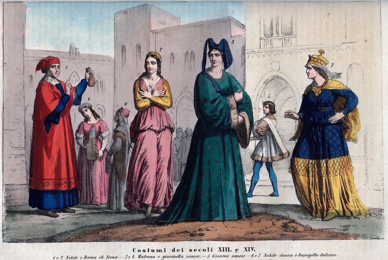 Kostýmy Siena mezi 13. a 14. stoletím - oděvy v Sieně mezi 13. a 14. stoletím - rytina z „Usi e Costumes di All Peoples of the Universe“. To je historie vlády, zákonů, milicí, náboženství všech národů od Italian School
