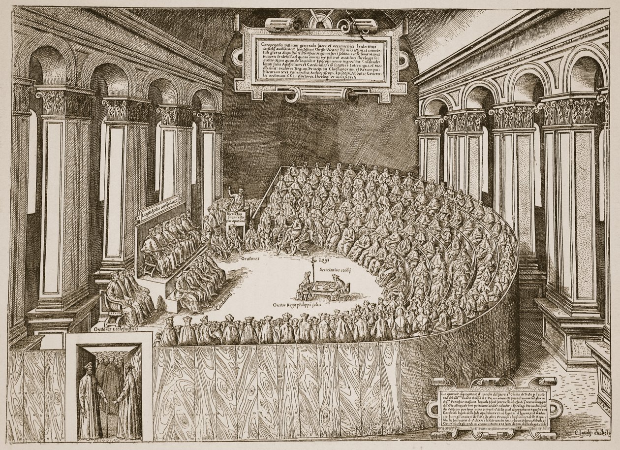 Tridentský koncil, 1563, z leptu vydaného v Benátkách v roce 1565, ilustrace z knihy The Church of England: Spence-Jones, vyd. cca 1910 (sépiová fotografie). od Italian School