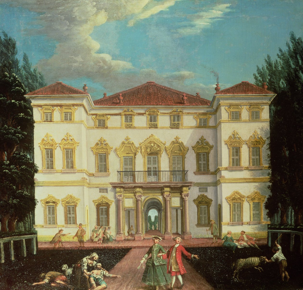 Venkovský dům s elegantními postavami (jeden z páru) od Italian School