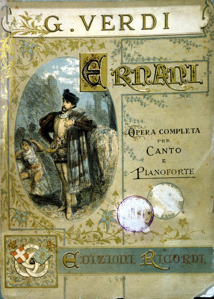 Obálka partitury pro zpěv a klavír opery „Ernani““, kterou v roce 1844 složil Giuseppe Verdi (1813 - 1901) po tragédii Victora Huga. od Italian School