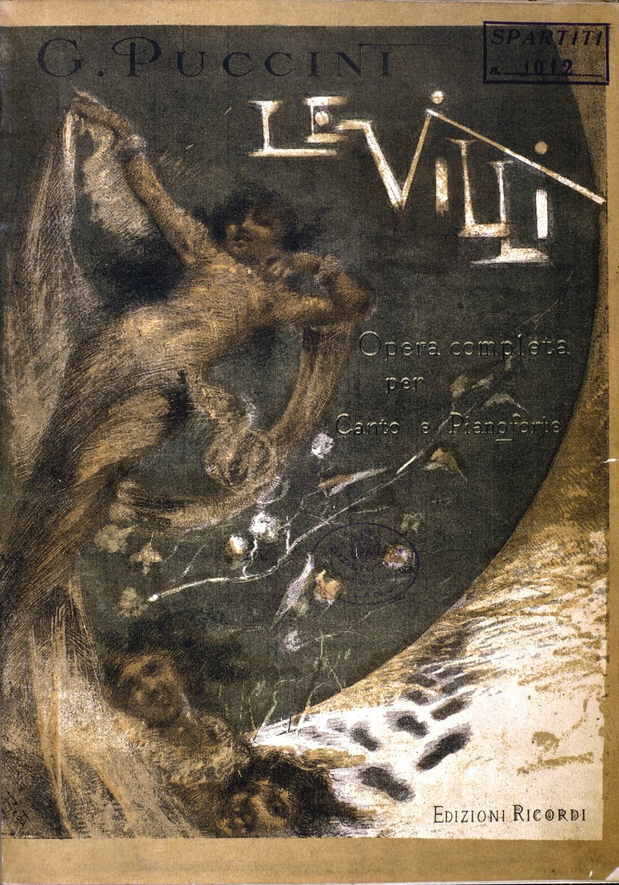 Obálka partitury pro „“Le Villi“, Opera (1884) ve dvou jednáních pro Pucciniho zpěv a klavír (1858 - 1924). Edice Ricordi. od Italian School
