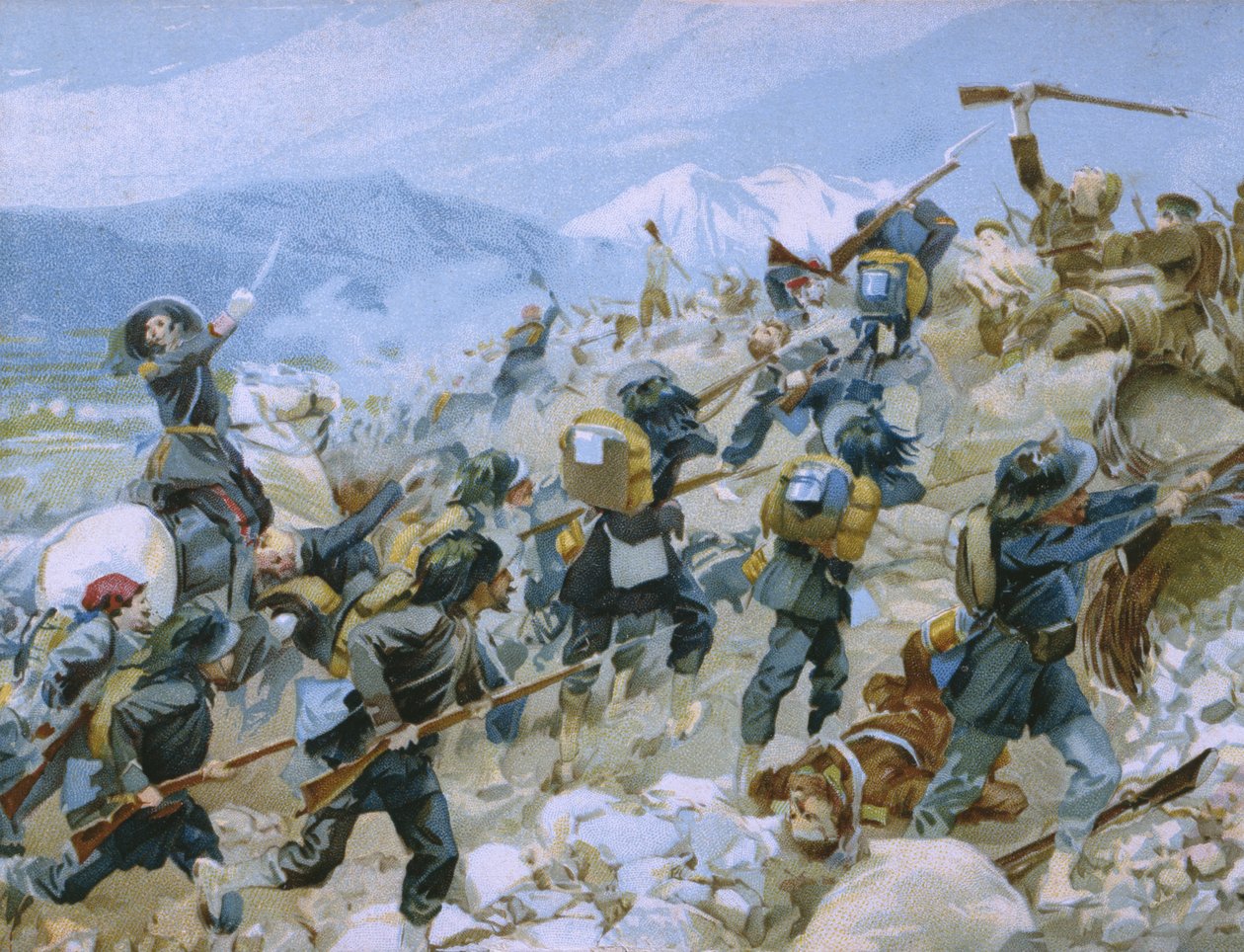 Krymská válka a bitva u Chernaya, 16. srpna 1855, ilustrace z alba o historii Risorgimenta vyrobeného pro čokoládový Talmone, konec 19. století od Italian School
