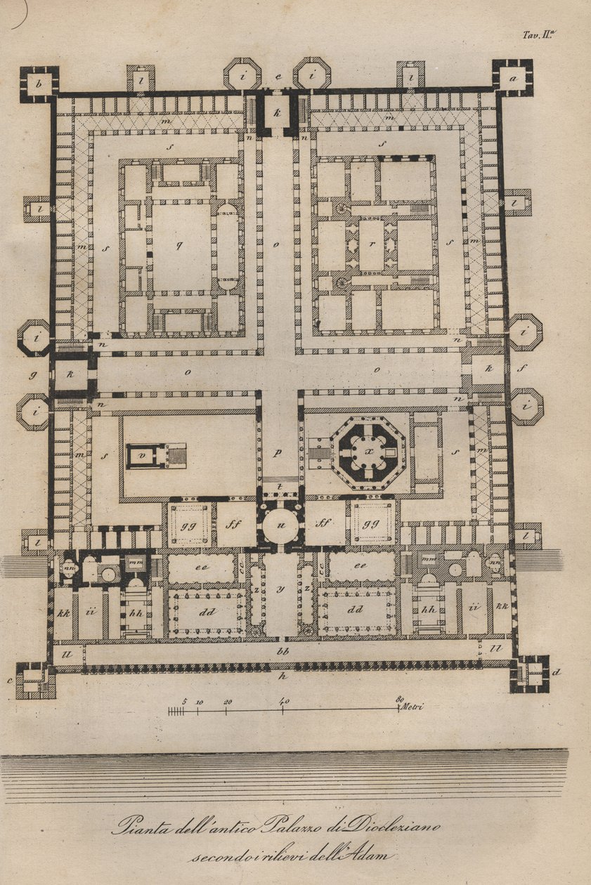 Chorvatsko - Split (Spalato) - Rekonstruovaný Diokleciánův palác od Roberta Adama (Palác římského císaře Diokleciána (Gaius Aurelius Valerius Diocletianus, 245-316). Rytina z "" Zvyky a obyčeje všech národů vesmíru. od Italian School