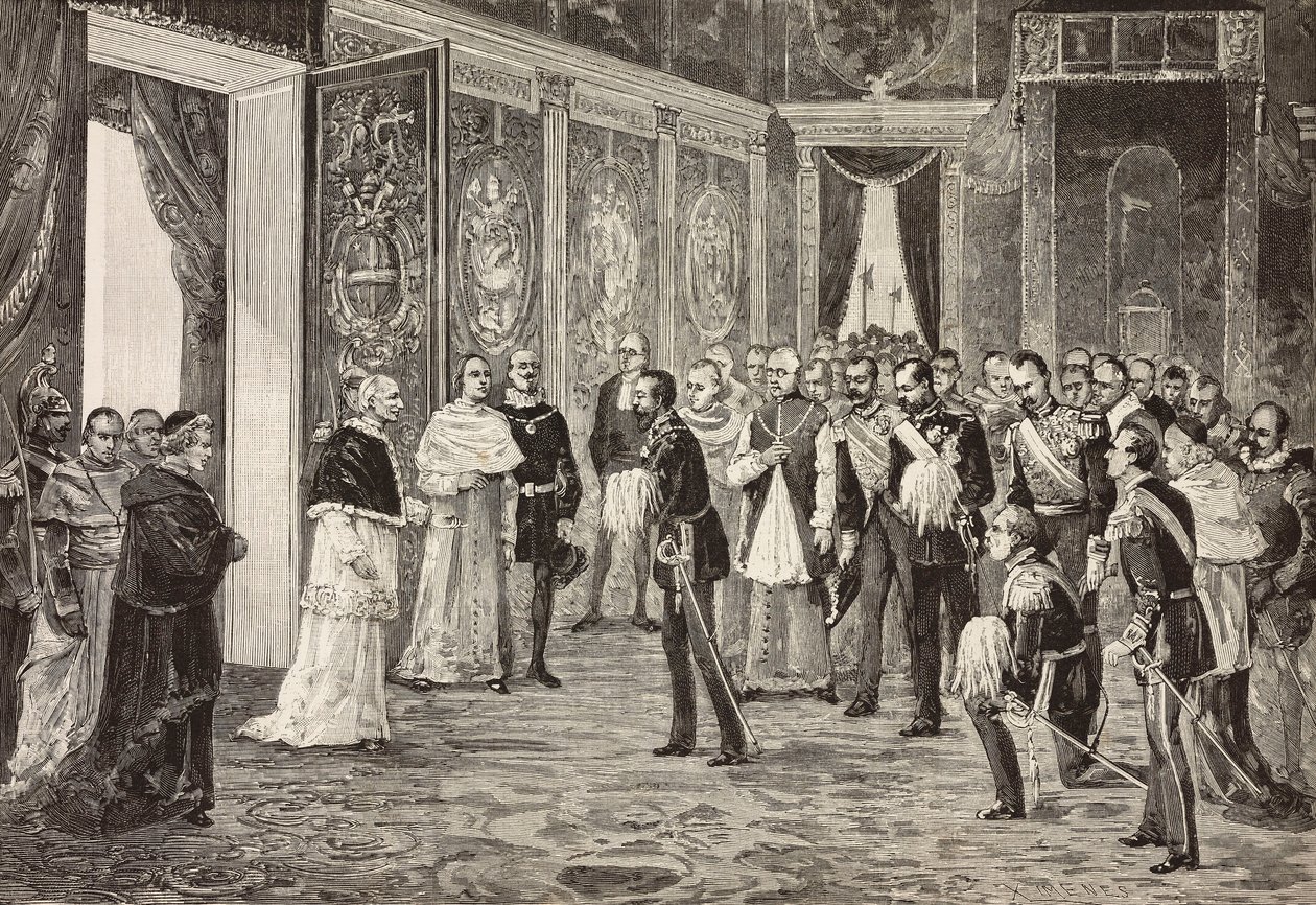 Korunní princ Německa (budoucí Fridrich III.) přijímaný papežem Lvem XIII. v trůnním sále ve Vatikánu, rytina z kresby Ximenese ze skici od Dal Dona, z L
