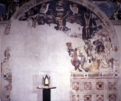 Ukřižování, poškozená luneta z Appartamento Guastalla, připisovaná boloňské škole (freska) od Italian School