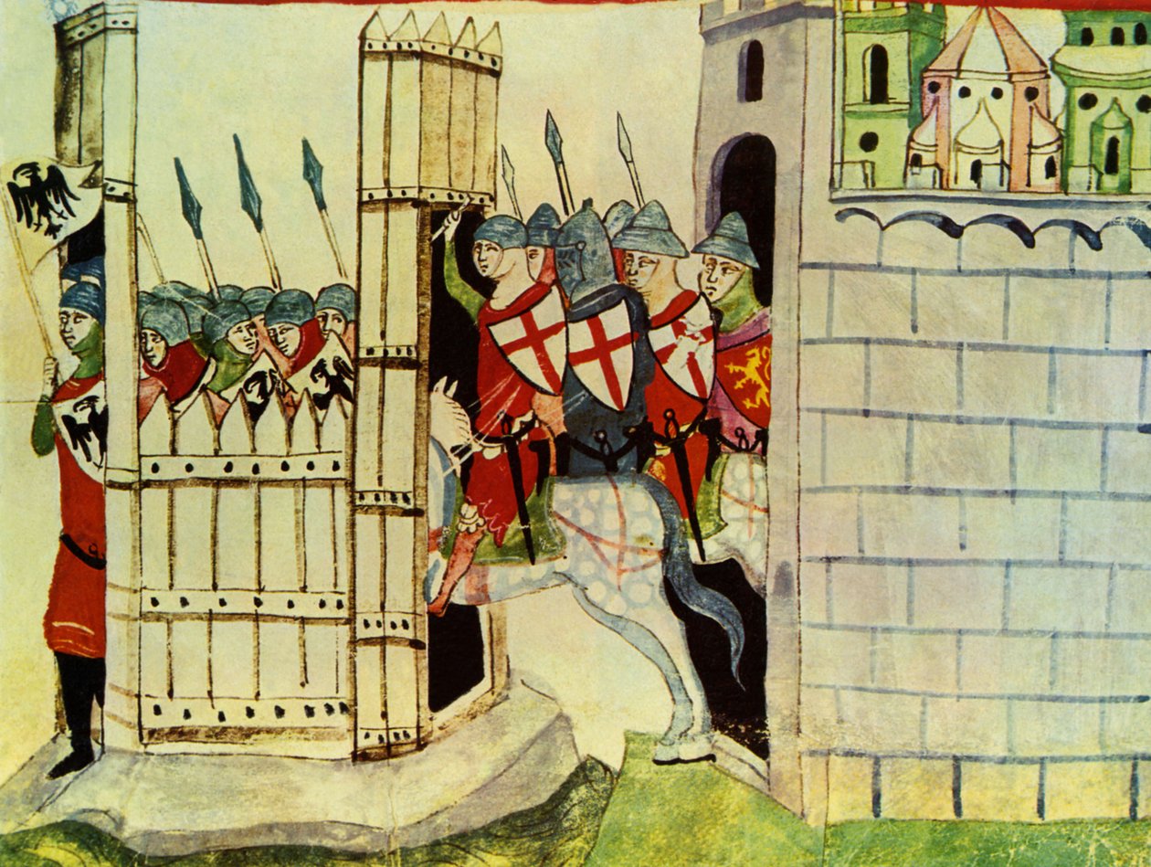 Křižáci, miniatura z Letopisů od Giovanniho Villaniho, 14. století od Italian School