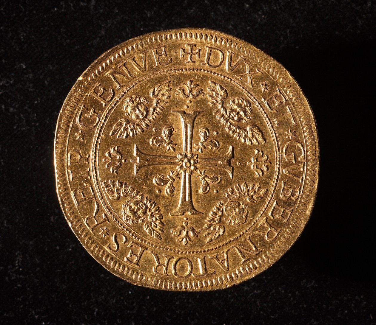 Měna republiky genů: 25 zlatých dvojitých mincí. Průměr.52,5 mm. 1694. Přední. Genes Museums of Strada Nuova (inv. 6457) od Italian School