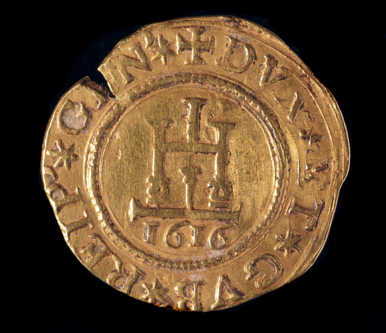 Měna republiky genů: zlatá čtyřka s janovským portálem. Průměr 32 mm. 1616. přední. Genes Musei di Strada Nuova od Italian School