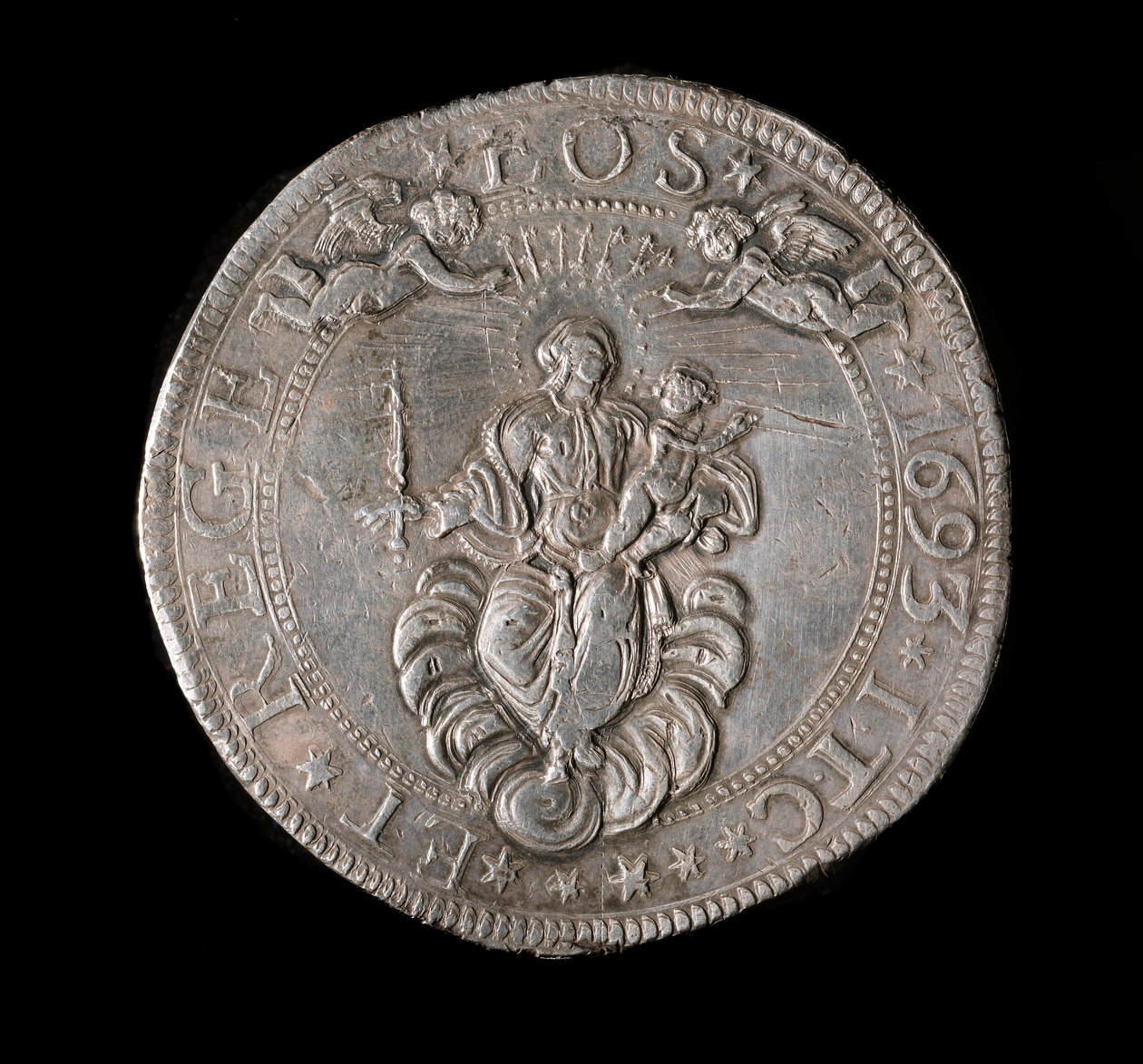 Měna Republiky genů: stříbrná mince pět Ecus. Průměr 61 mm. 1693. Zpět. Genes Musei di Strada Nuova od Italian School