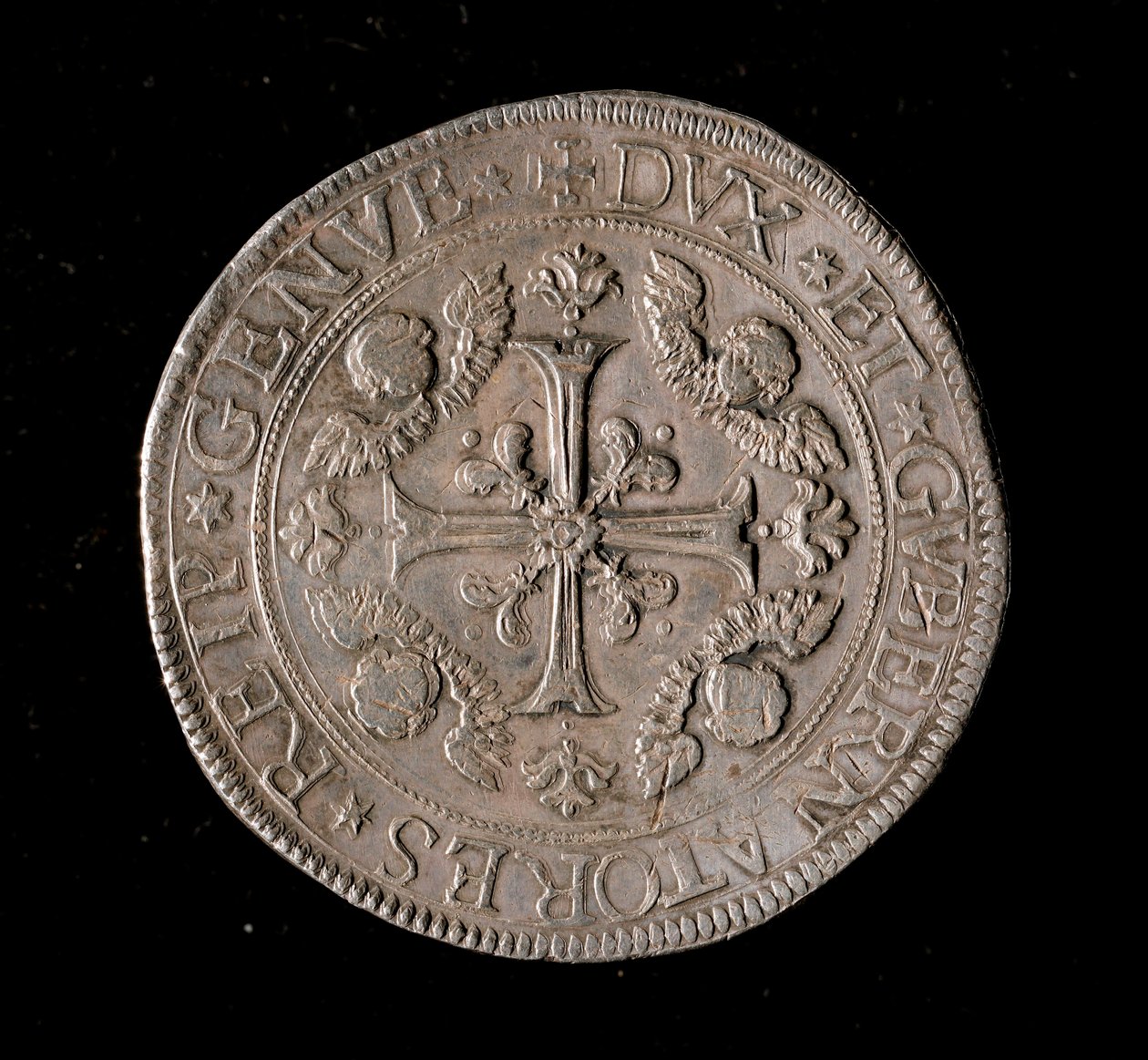 Měna Republiky genů: stříbrná mince pět Ecus. Průměr 61 mm. 1693. Přední. Genes Musei di Strada Nuova od Italian School