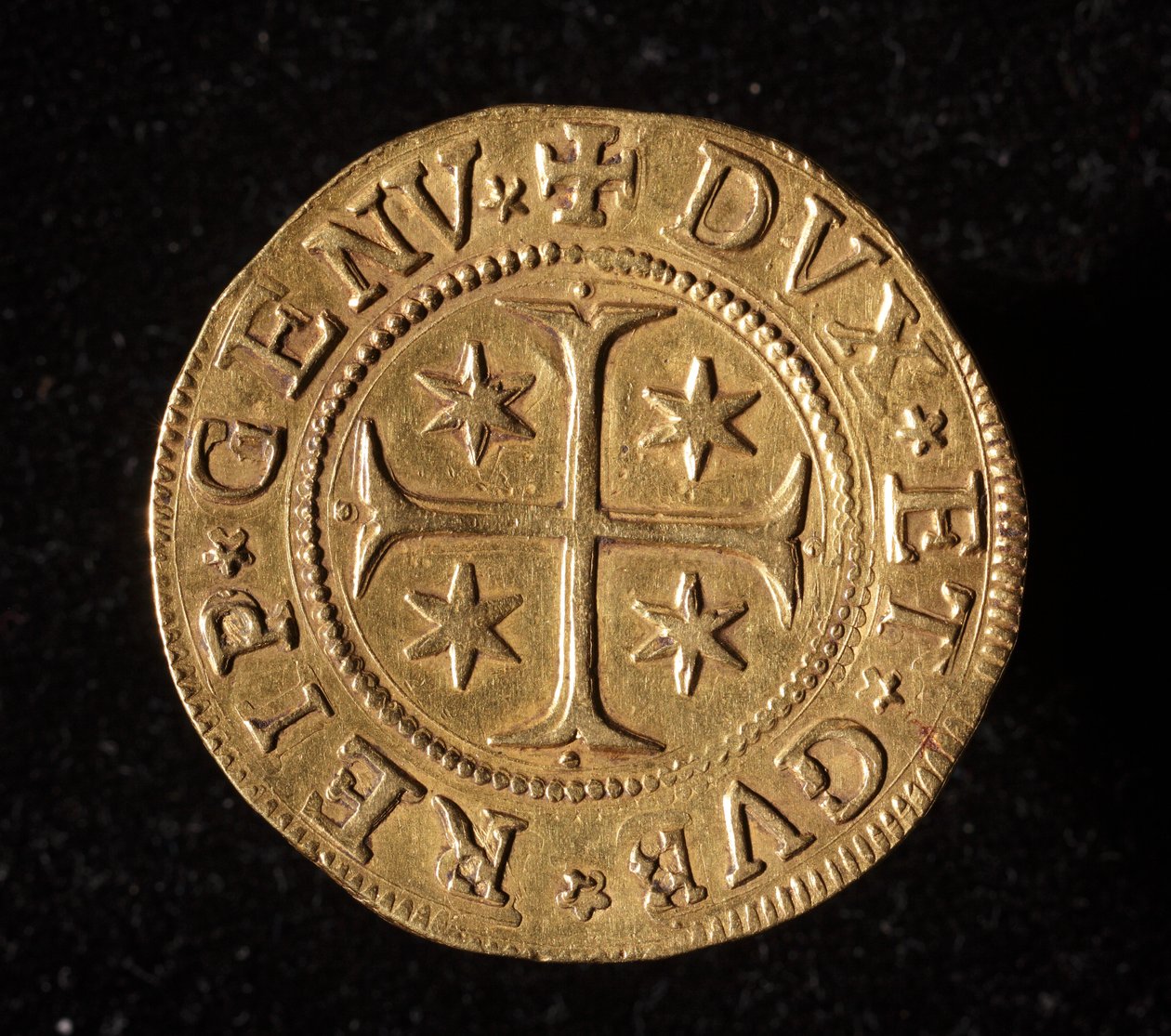 Měna republiky genů: pět zlatých mincí doppie. Průměr 41 mm. 1652. Přední. Genes Musei di Strada Nuova od Italian School