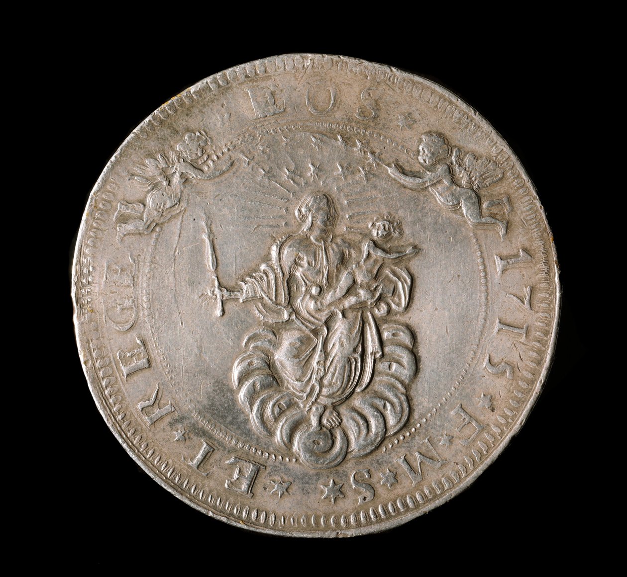 Měna republiky genů: stříbrná mince šest Ecus. Průměr 61,5 mm. 1715. Přední. Genes Musei di Strada Nuova (inv, M7156) od Italian School