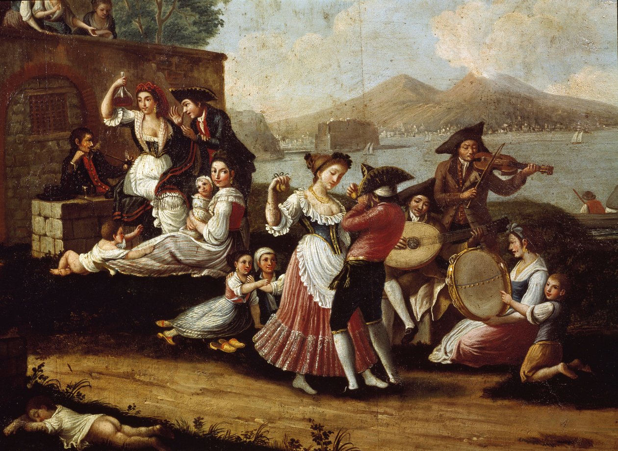 Taneční scéna a populární party v Neapoli Tanečníci tarantely (tarantella, tarantella). Anonymní malování. Neapol 18. století, Národní muzeum San Martino od Italian School