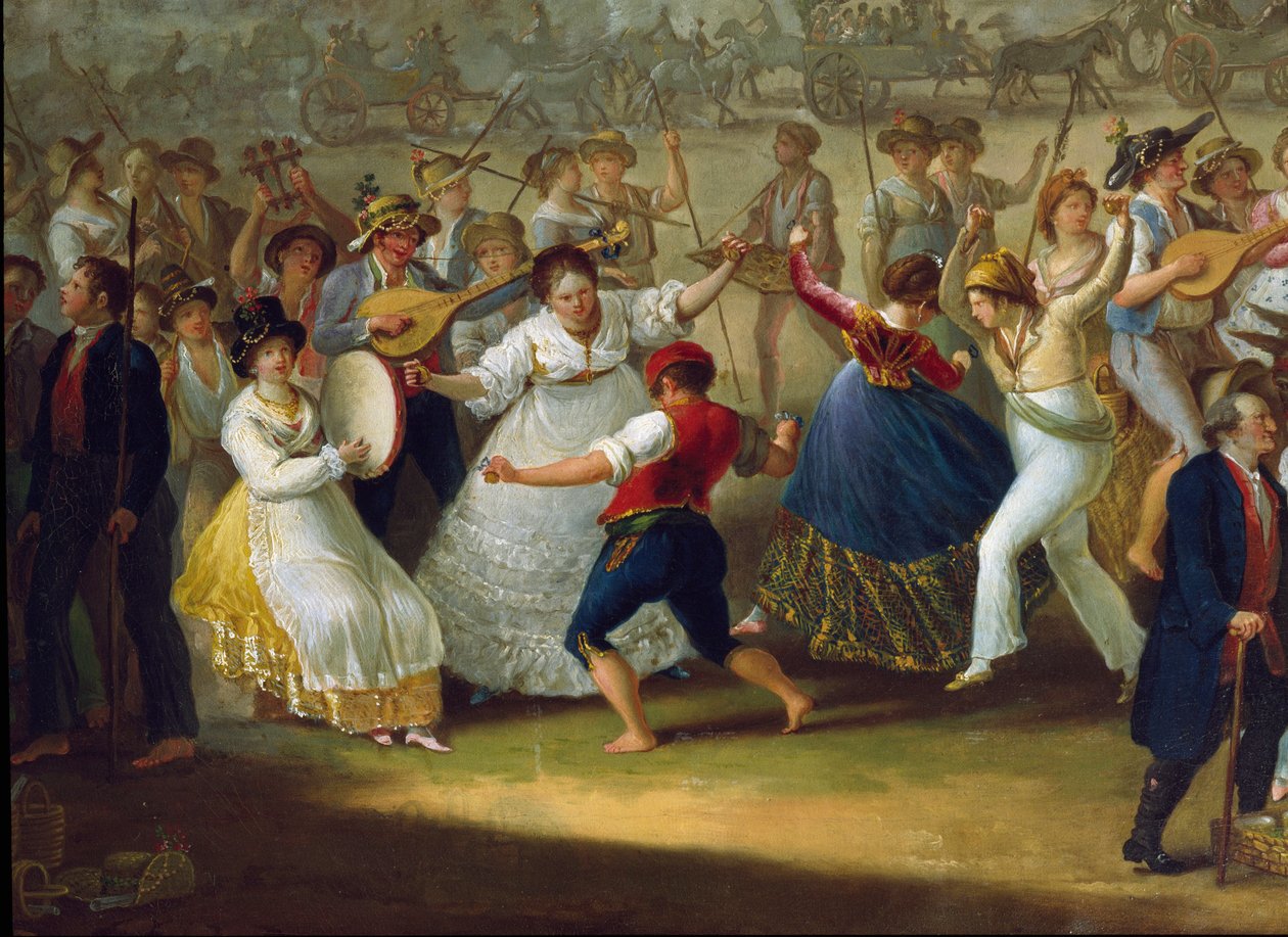 Taneční scéna a populární party v Neapoli Tanečníci tarantely (tarantella, tarantella). Anonymní malování. Neapol 18. století, Národní muzeum San Martino od Italian School