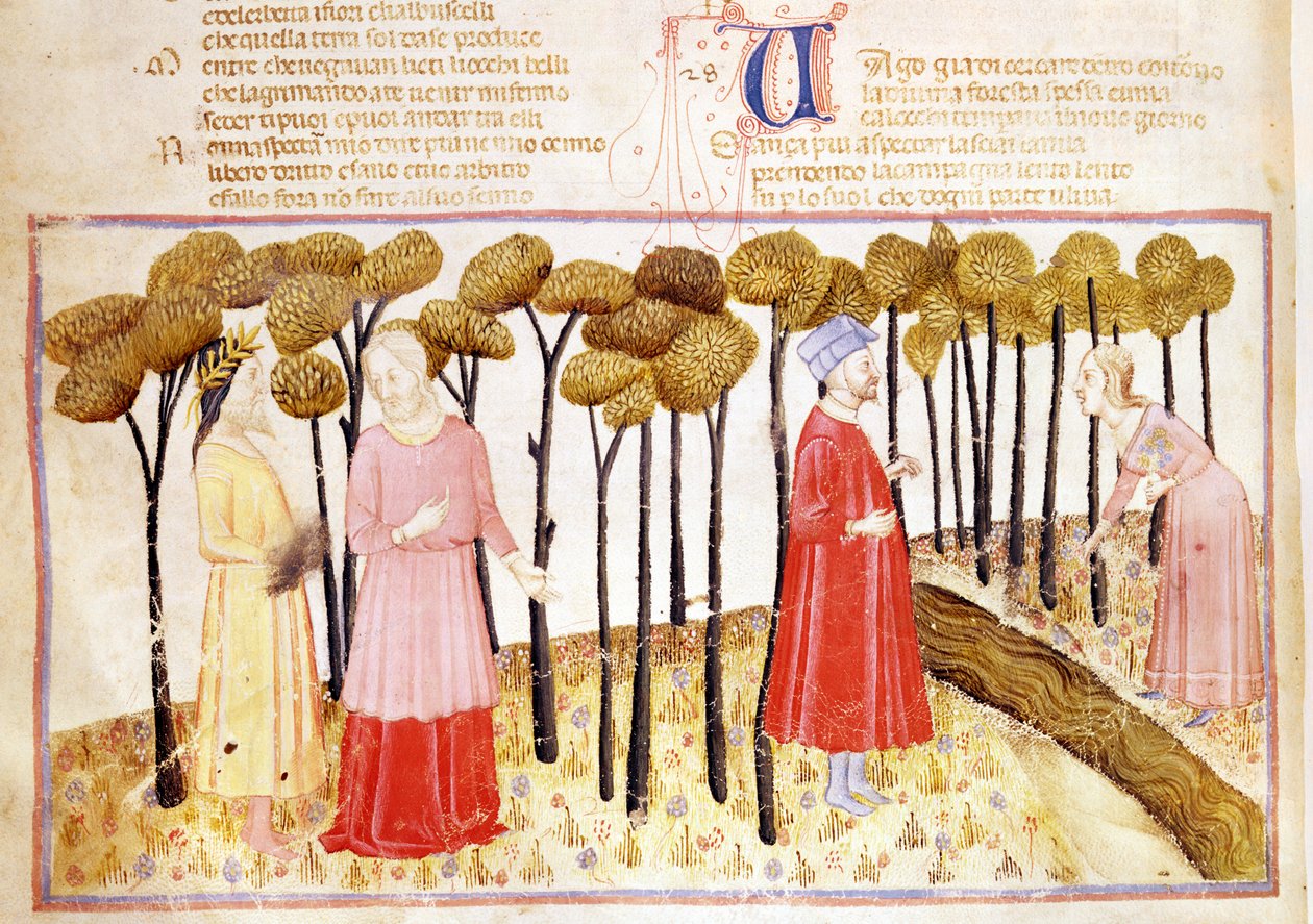 Dante a Virgil (70-19 př.nl) na vrcholku očistce, z Božské komedie od Dante Alighieriho (1265-1321) od Italian School