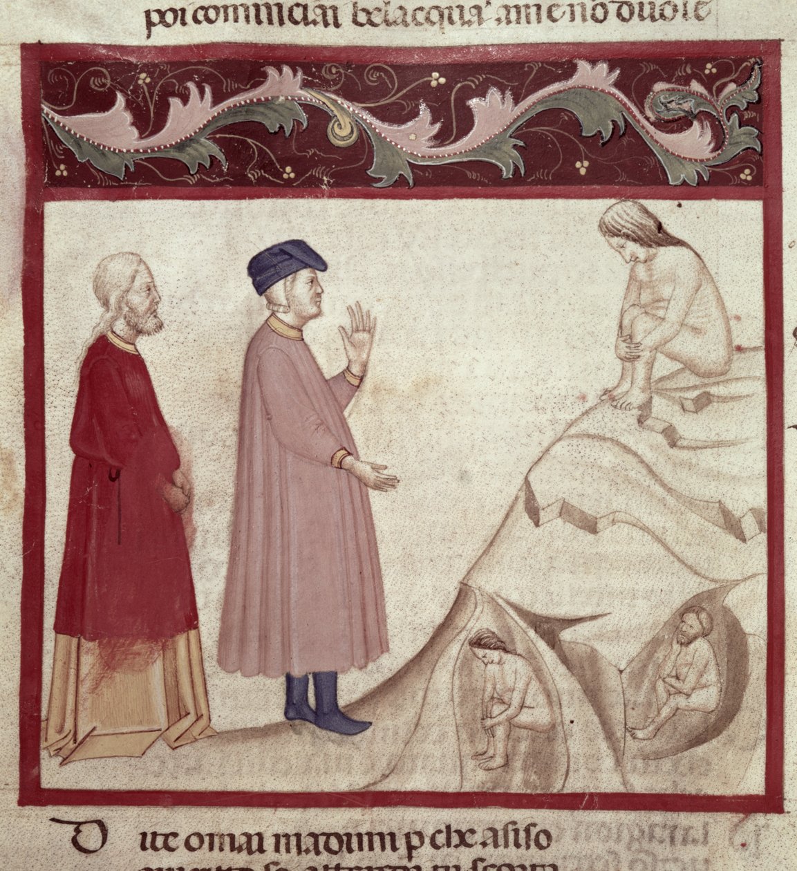 Dante a Virgil (70-19 př.nl) se setkávají s dušemi uvězněnými ve skalách z Božské komedie od Dante Alighieriho (1265-1321) od Italian School